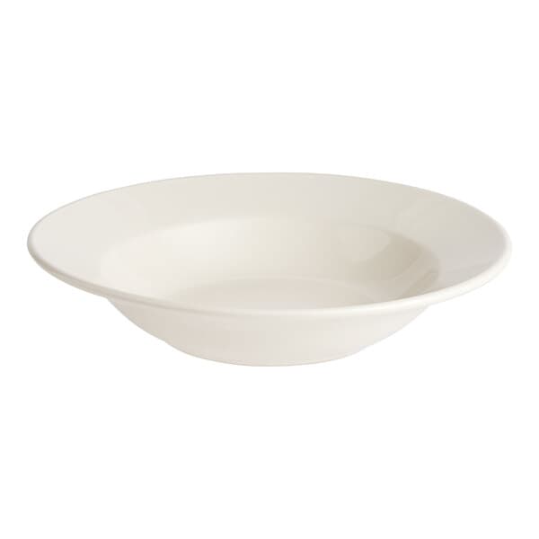 An ivory stoneware soup bowl with a wide rim and rolled edge on a white background.