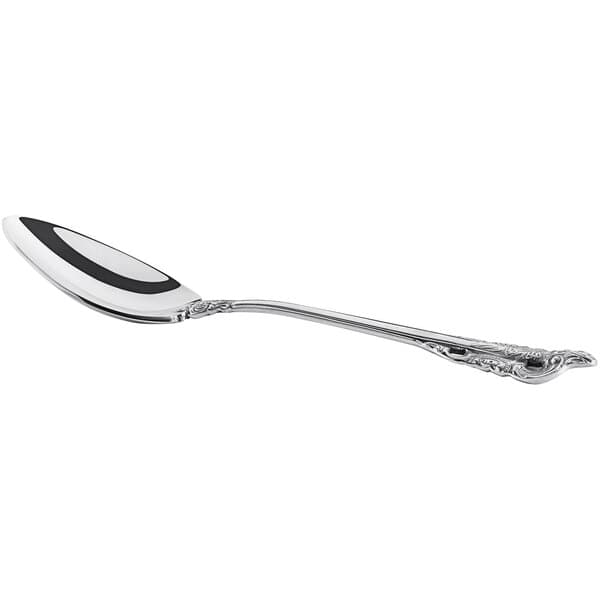 An Acopa stainless steel demitasse spoon with a black handle.