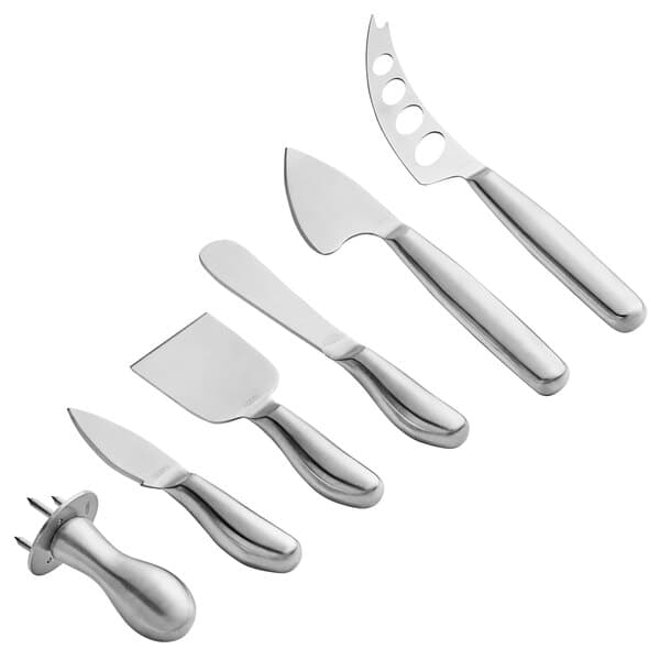 A close-up of the Acopa 6-piece stainless steel cheese knife set.