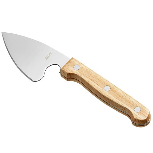 An Acopa stainless steel cheese cleaver with a wood handle.