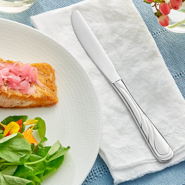An Acopa stainless steel dinner knife on a table next to a plate of food