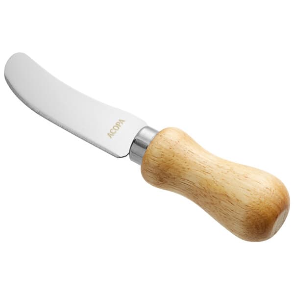 An Acopa stainless steel cheese spreader with a wood handle.