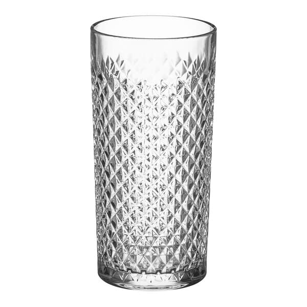 A close-up of an Acopa Aurelius beverage glass with a diamond pattern.