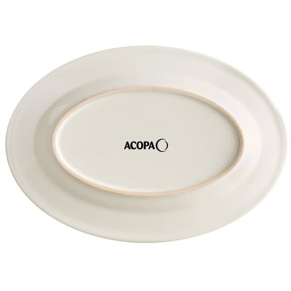 An ivory stoneware platter with a wide rim and rolled edge with black text reading "Acopa" on the bottom.