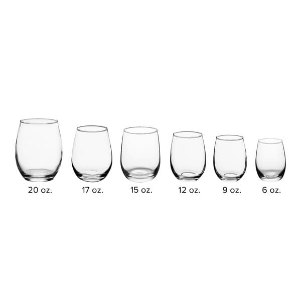 A clear 20 oz. stemless wine glass.