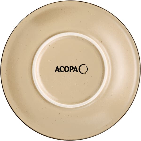 A close-up of an Acopa Harvest Tan matte stoneware saucer.