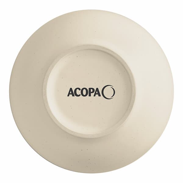 A white stoneware bowl with the word Acopa in black text.