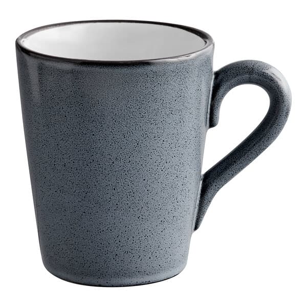A grey Acopa Embers stoneware mug with a black rim and handle.