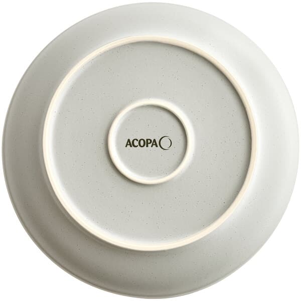 A grey stoneware pasta bowl with a white rim and the word "Acopa" in black text.