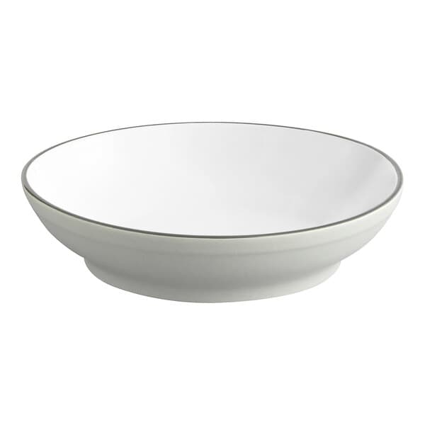 A white bowl with a grey rim.