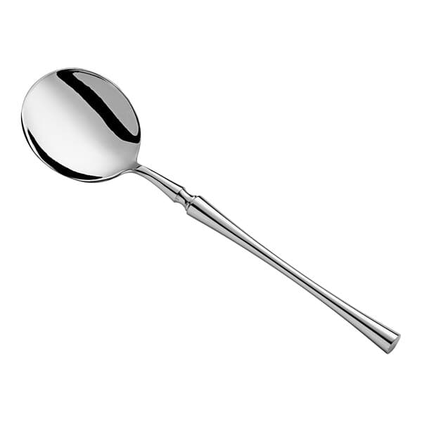 An Acopa stainless steel bouillon spoon with a long handle.