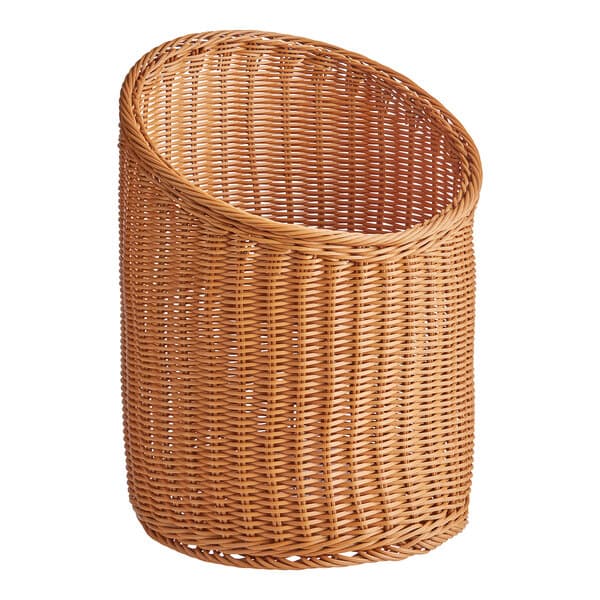 A dark brown woven plastic rattan basket with a curved top.