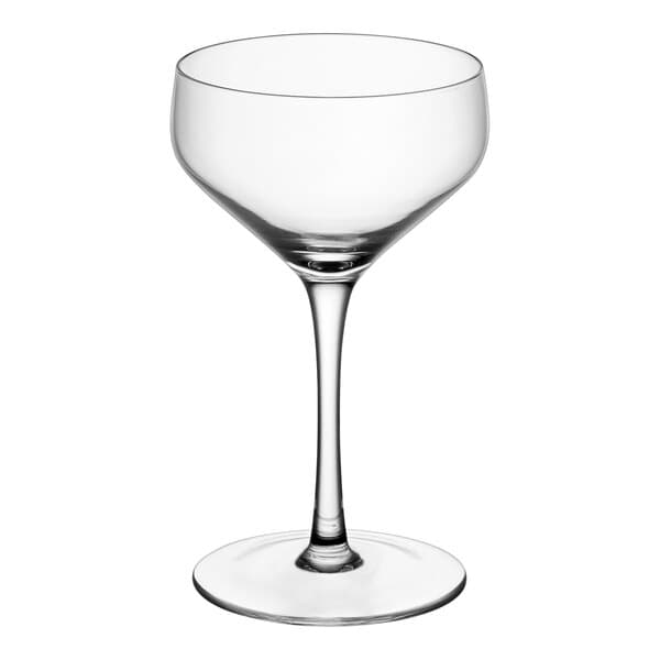 An Acopa Silhouette coupe glass with a stem on a white background.