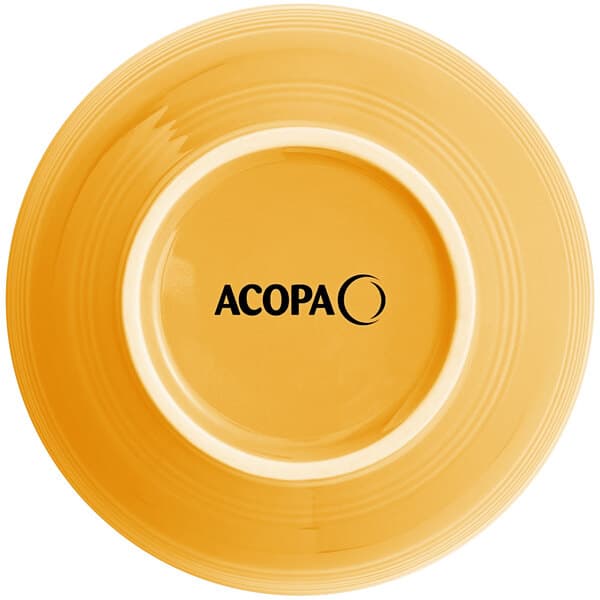 A mango orange stoneware bowl with the word "Acopa" in black.