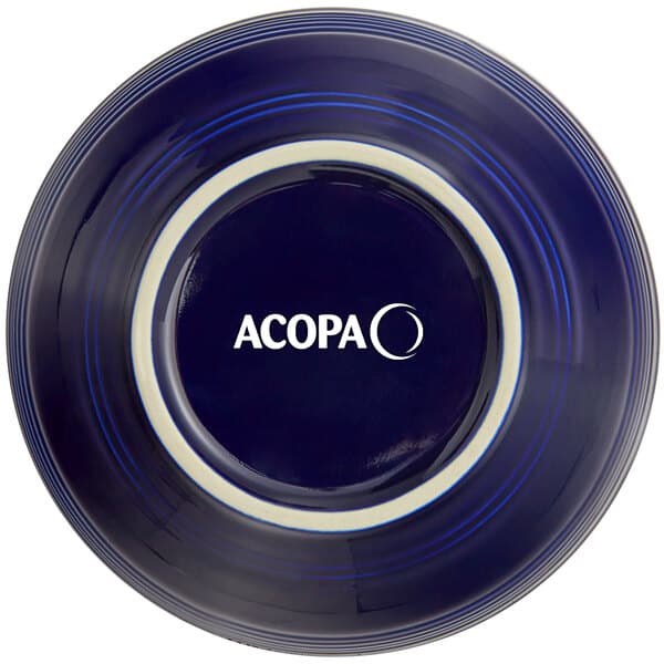 An Acopa Capri deep sea cobalt stoneware bistro bowl with a blue and white design.