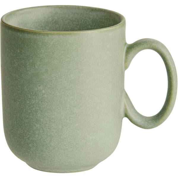 A close-up of an Acopa Pangea sage matte porcelain mug with a handle.