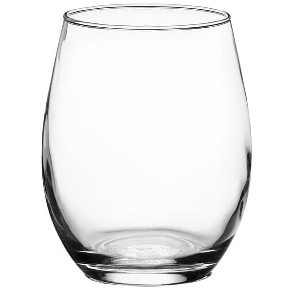 An Acopa clear stemless wine glass.