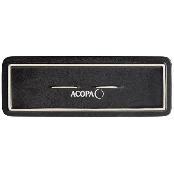 A black rectangular stoneware plate with a matte textured finish and white text that reads "Acopa"