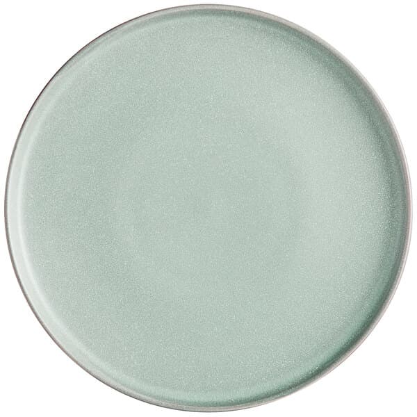 An Acopa Pangea Harbor Blue matte coupe plate with a white rim on a white background.