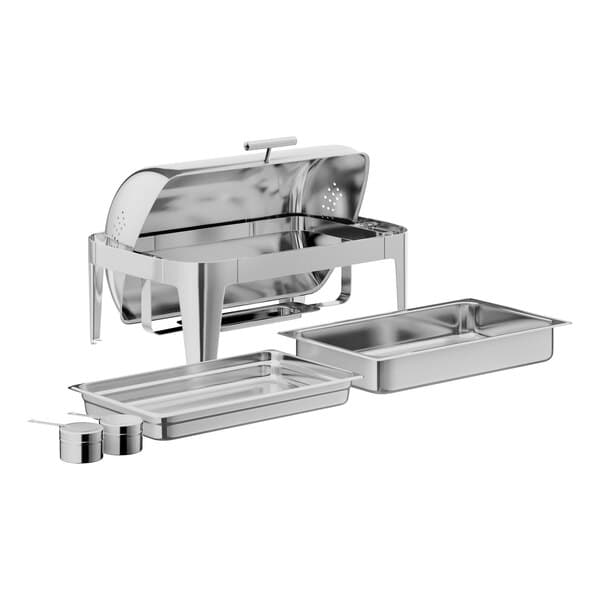 An Acopa Supreme stainless steel chafing dish on a counter with two trays inside.