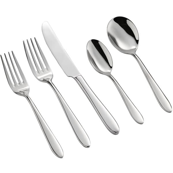 A close-up of an Acopa Remy stainless steel flatware set with a spoon and fork.