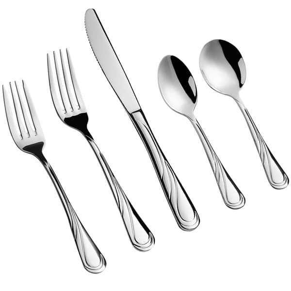A close-up of an Acopa stainless steel flatware set with a spoon and fork.