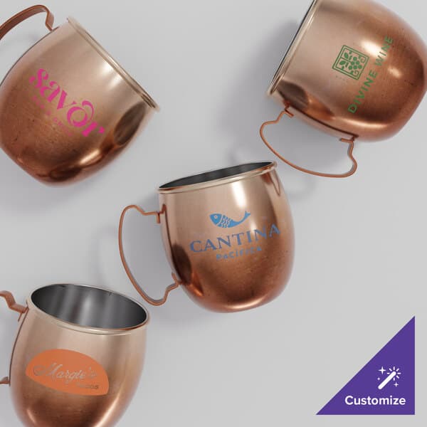A group of Acopa Dark Antique Copper Moscow Mule Mugs with different colored logos on a table.