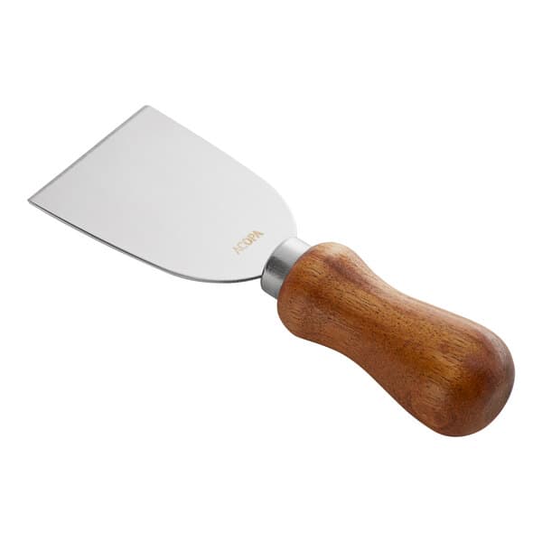 An Acopa stainless steel cheese knife with a dark wood handle.