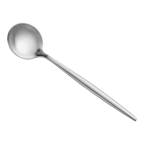 An Acopa Odin stainless steel demitasse spoon with a long handle.