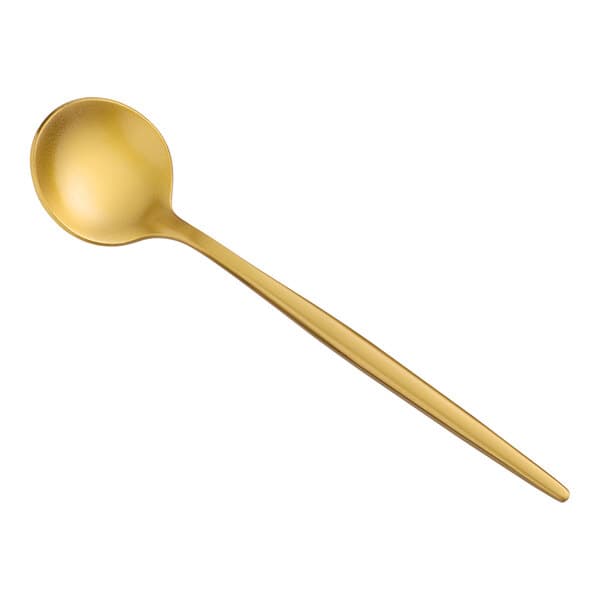 An Acopa Odin gold stainless steel demitasse spoon with a long handle.