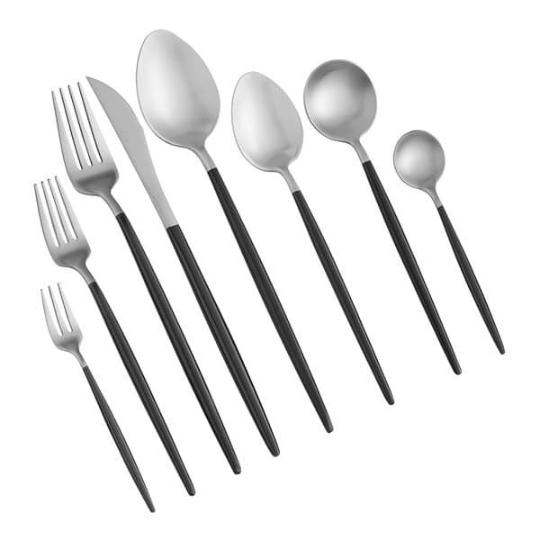 A group of Acopa Odin stainless steel spoons with black handles.