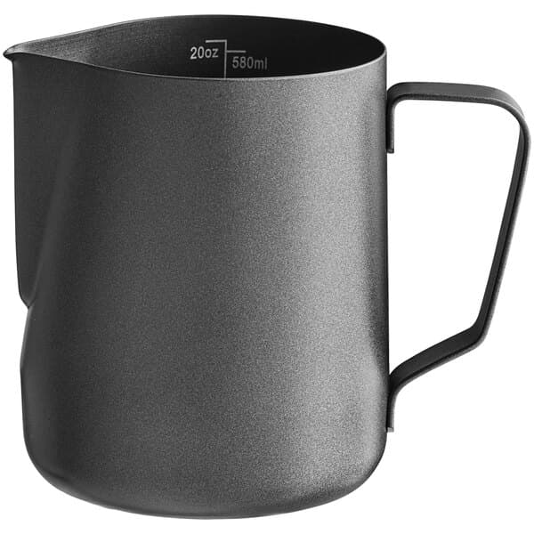 An Acopa black metal frothing pitcher with a handle.
