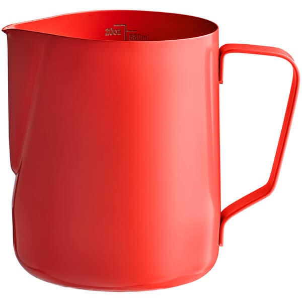 An Acopa red frothing pitcher with a handle.