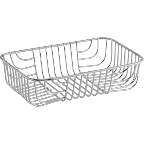 A silver metal Acopa rectangular wire basket with curved lines and handles.