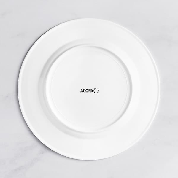 An Acopa Cordelia white porcelain plate with black embossed text on a white background.