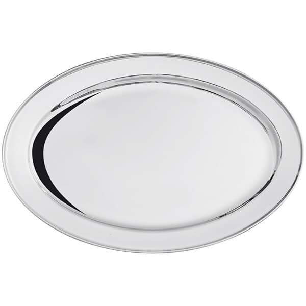 An Acopa stainless steel oval platter with a white background.