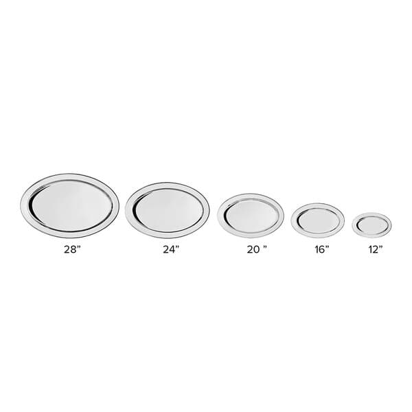 An Acopa stainless steel oval platter with a round rim.