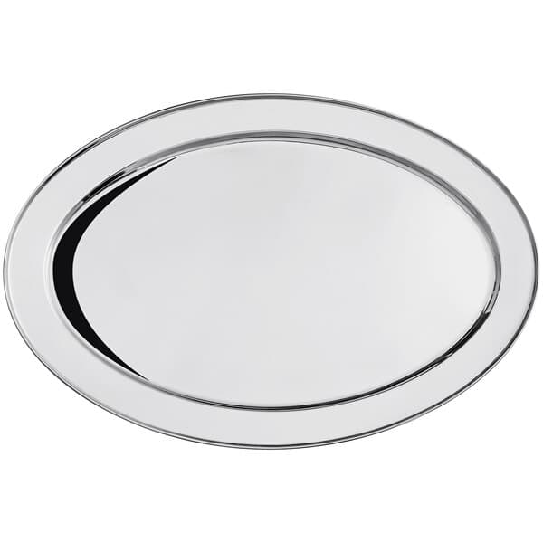 An oval stainless steel platter with a silver finish.