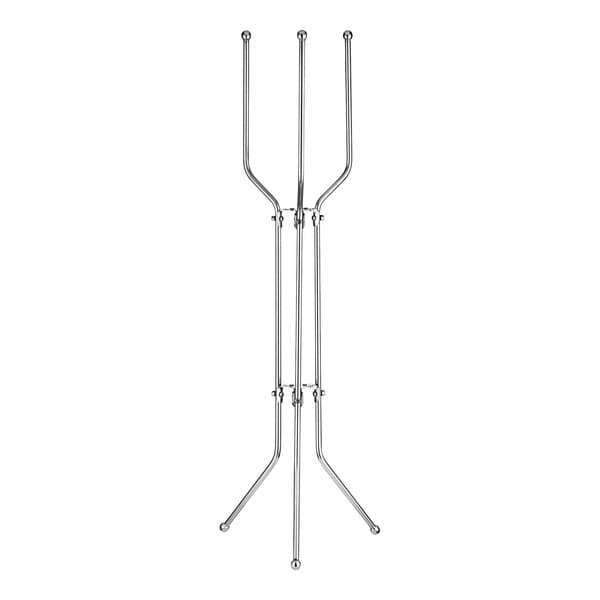 A stainless steel folding wine bucket stand.