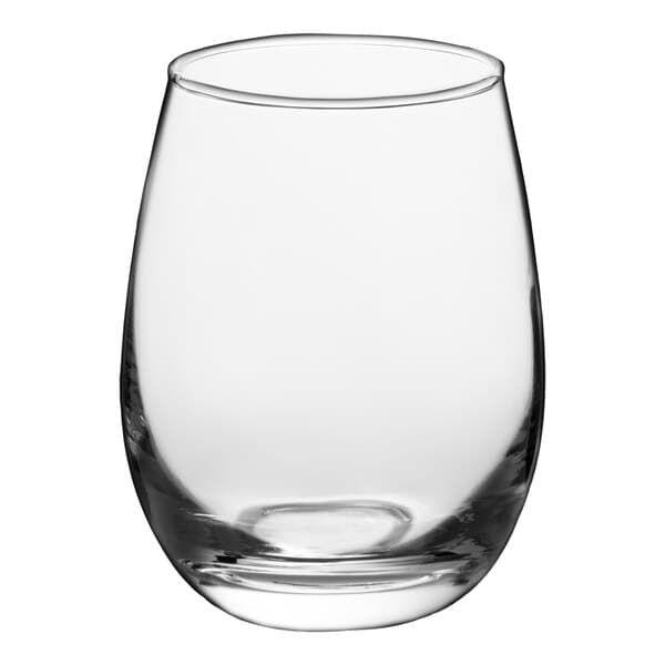 A clear, rounded 9 oz. glass votive candle holder.