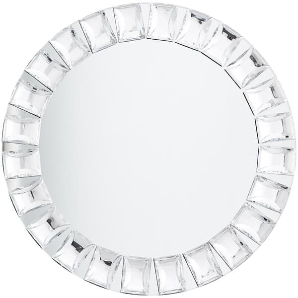 An Acopa round glass mirror charger plate with a jeweled design.