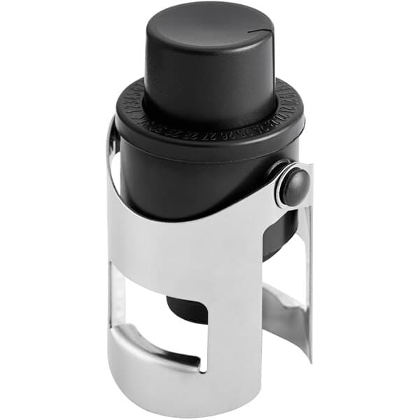 An Acopa black and silver plastic pump champagne bottle stopper.
