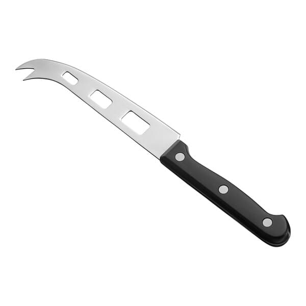 An Acopa stainless steel cheese knife with a black handle.