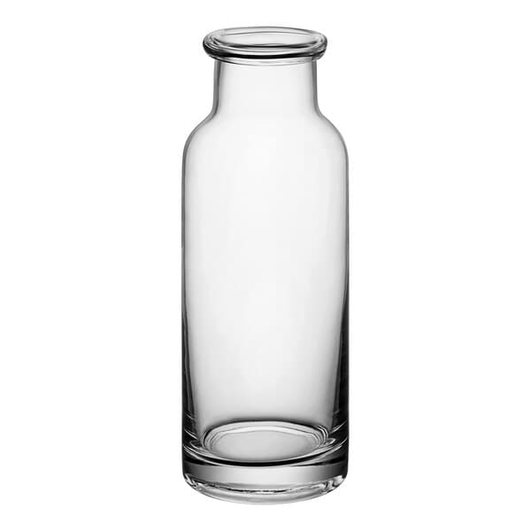 An Acopa clear glass water bottle with a cap.
