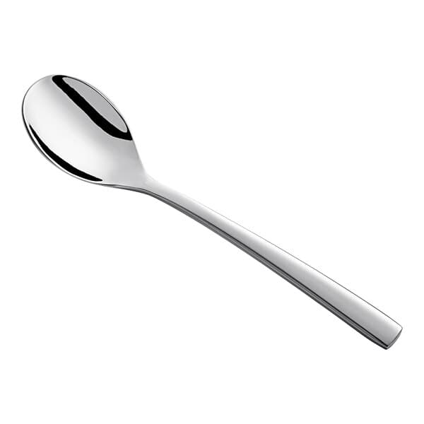 An Acopa Lore stainless steel demitasse spoon with a silver handle.