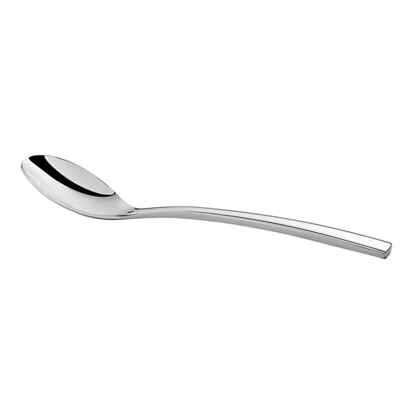 An Acopa Lore stainless steel demitasse spoon with a silver handle.