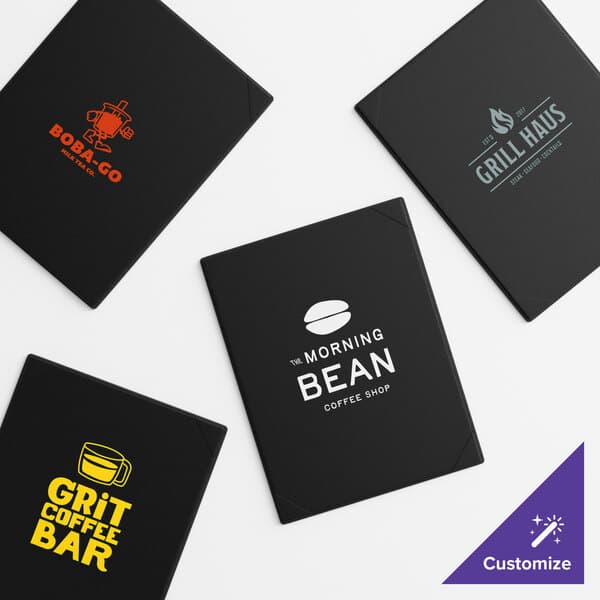 A set of black 8 1/2" x 11" vinyl menu boards with various custom printed logos and designs.