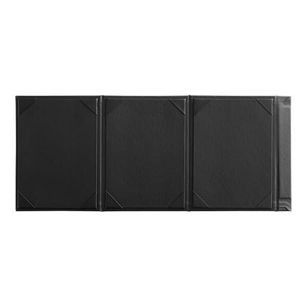 An Acopa Prime black triangular table tent with 3 views.