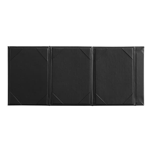 A black rectangular table tent with three rectangular pieces.