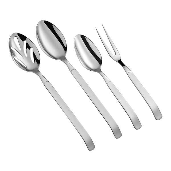 A group of Acopa stainless steel serving utensils with a spoon and fork.